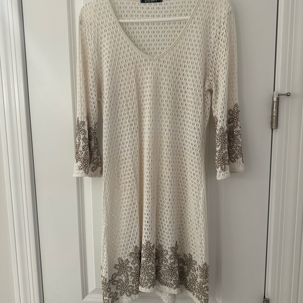 DESPI white beach coverup with brown accents